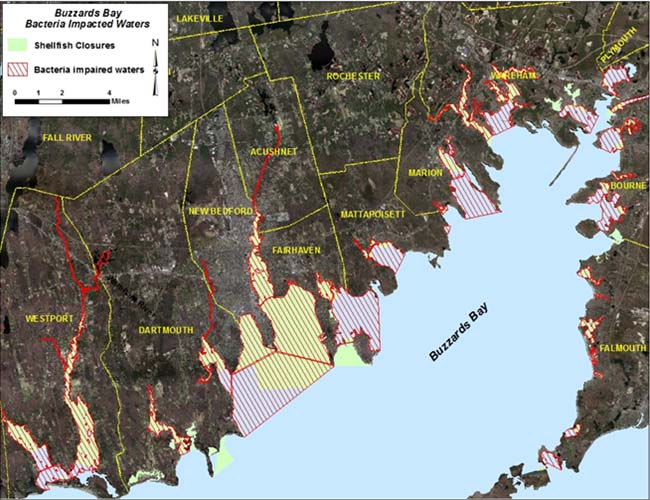 Bacteria impaired waters in Buzzards Bay.